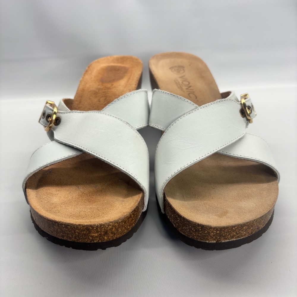 Vionic White Crossband Wedge Sandals with Gold Buckle - Picture 2 of 9
